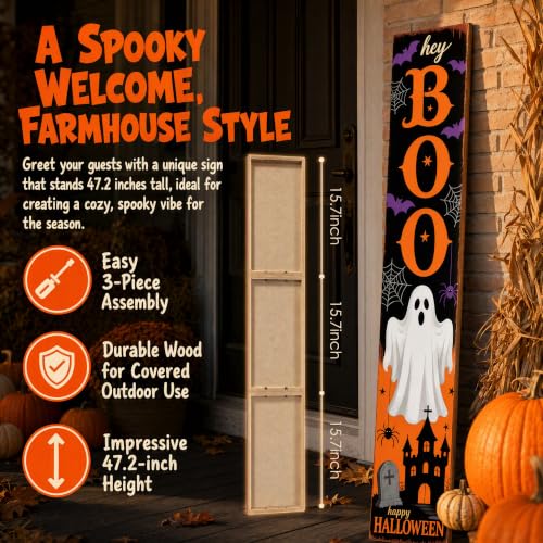 Hey Boo Halloween Porch Sign - Rustic Wooden Welcome Decoration with Ghosts & Tombstones - 47.2 Inch Vertical Farmhouse Style Halloween Sign - Variation: Hey Boo-2026