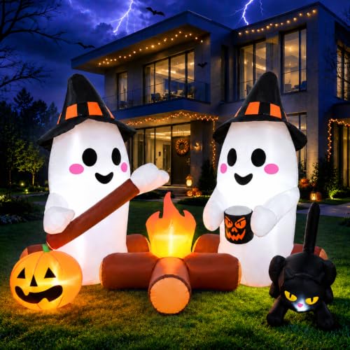 Halloween Inflatable Yard Decor with Ghost, Campfire & Lights - 7ft Outdoor Halloween Decorations