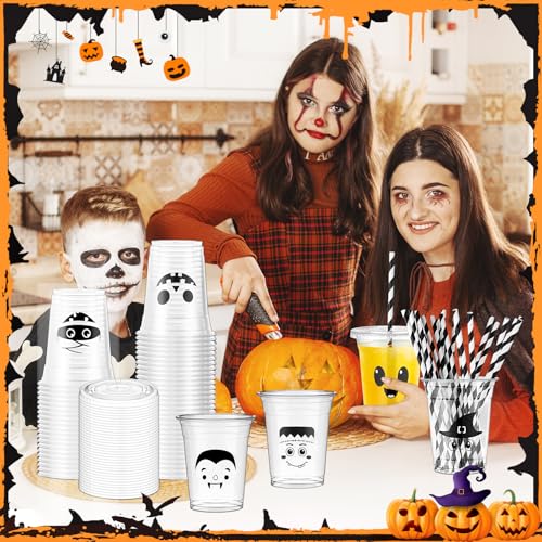 72 Pcs Halloween Plastic Cups with Lids and Straws - 12oz Disposable Party Drinkware - Halloween Design - Variation of THIS listing