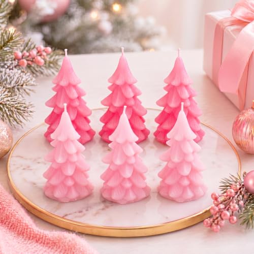 Pink Christmas Tree Candles Set - 6 Mini Colorful Candy-Shaped Holiday Decor
