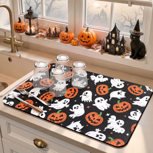 Halloween Ghost Dish Drying Mat - 12x20 Inch Absorbent Coffee Mat with Jack-o'-Lanterns & Ghosts