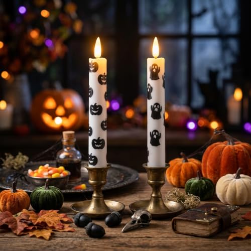 Halloween Ghost & Pumpkin Taper Candles Set with Remote Timer - Flameless, Flickering & Steady Light, 2PCS