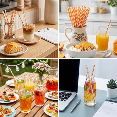 100 Pack Paper Straws - Orange & White Striped Disposable Drinking Straws for Parties