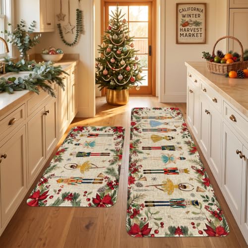 Christmas Kitchen Rugs Set with Nutcracker Red Pattern - Non-Slip Holiday Door Mat and Runner