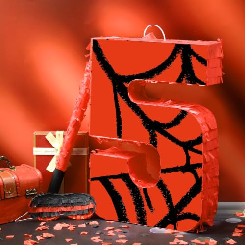 Number 5 Spider Piñata Bundle with Blindfold and Bat for Birthday Party - Small 15.75 x 11 in