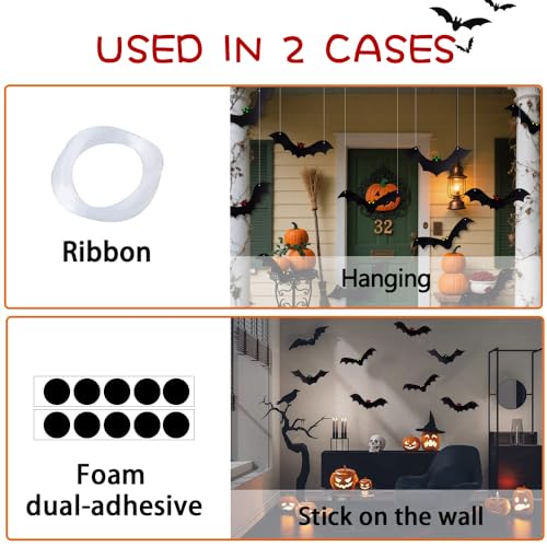 18Pcs Halloween 3D Hanging Bat Decorations with Glow Eyes Outdoor Spooky Set