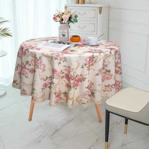 Red Floral Round Tablecloth 70 Inch Waterproof Spillproof Dining Cover