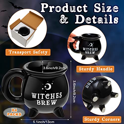 Ceramic Witch Cauldron Mug Set - 12 oz Black Coffee & Tea Cups, 4 Pack