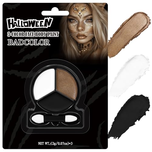 Jungle Cat Face & Body Paint Kit - Black White Metallic Brown Halloween Makeup with Applicator