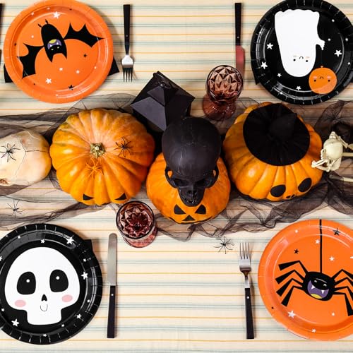 Halloween Paper Plates 9 Inch Pack of 24 - Spooky Bat Ghost Skull Design for Parties