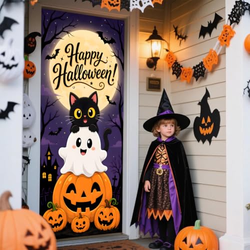 Halloween Door Banner - Black Cat Ghost Pumpkin Porch Decor, 72x35 Inch