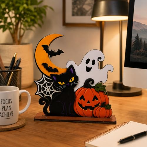 Halloween Wooden Tabletop Decoration - Cute Ghost Pumpkin Black Cat Shelf Sign