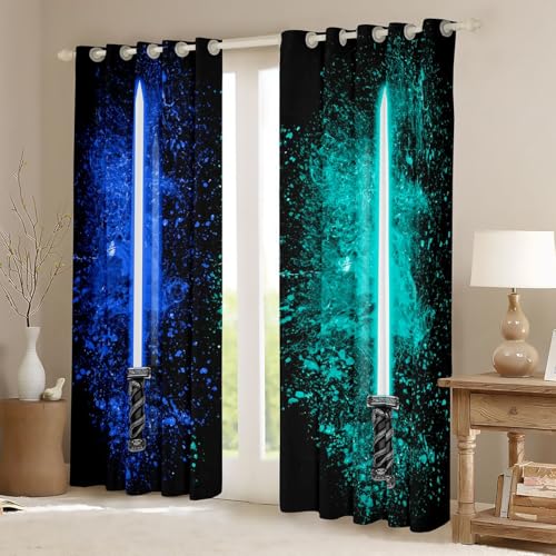 Saber Curtain Set for Kids Bedroom & Living Room - Blue Teal Blackout Insulated Drapes, 42x63 Inches