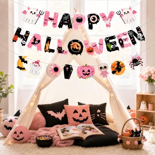 Pink Halloween Banner Set - Reusable Hanging Decorations for Parties