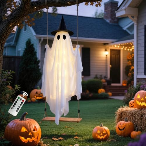 5 FT Hanging Ghost Halloween Decor with Witch Hat, LED Lights & Remote, Outdoor Indoor Yard Tree Porch Ornament - 1pc
