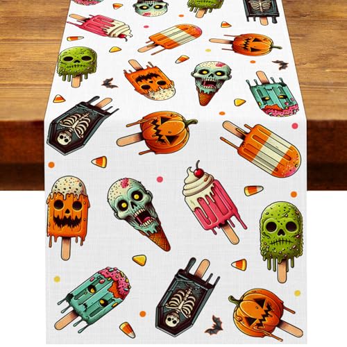 Halloween Ice Cream Party Table Runner 13x108 Inches Spooky Pumpkin Skull Decor