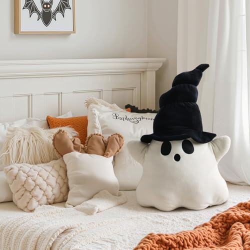Cute Ghost Halloween Throw Pillow - Plush White Cushion with Black Hat for Indoor Decor