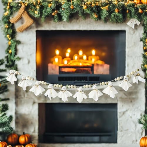 7Ft Halloween Ghost Garland with Wooden Beads - Rustic White Wall Decor