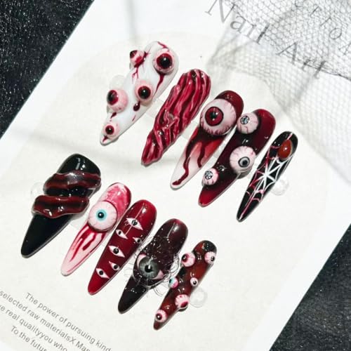 Halloween Long Stiletto Press-On Nails - Eyeball Blood Web Design, Multicolor-019050