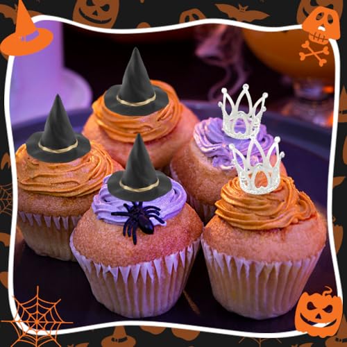 Halloween Witch Hat & Silver Crown Cake Topper Set - 12 Black Wizard Hats + 12 Silver Crowns
