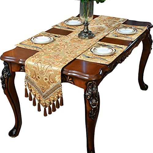 Luxury Velvet Gold Table Runner 13x205 Inch with Vintage Damask Design - Gold, 1 Piece
