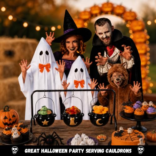 Halloween Ceramic Witches Cauldron Bowls Set - Gold Accented Party Decor, 3 Pack