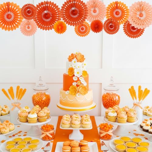 Orange Honeycomb Paper Fan Set - Hanging Party Decorations, 11 Pieces with Variations