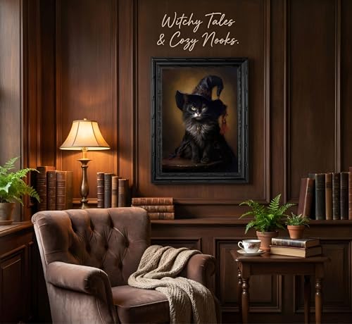 Black Framed Halloween Black Cat Wall Art Gothic Witch Cat Portrait Canvas Decor 11x9