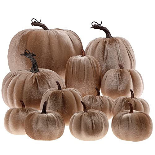 Artificial Velvet Pumpkins Set - Large Fake Halloween Decor, Champagne Variation