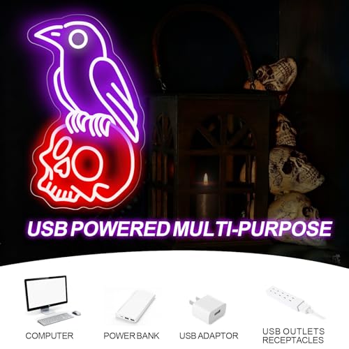 Gothic Raven on Skull Neon Sign - Purple & Red Skeleton LED Wall Light - Variation of Raven Skull-Purple Red