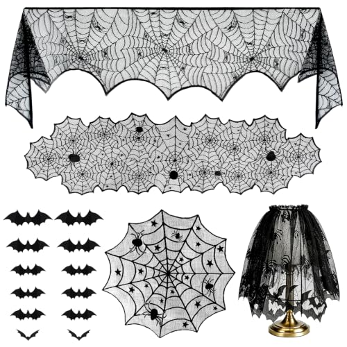 Halloween Decorations Kit with Lace Spiderweb Tablecloth and Bat Stickers - 40 Piece Set