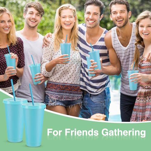 Reusable Plastic Cup with Lid and Straw - 24 oz Blue, Set of 12