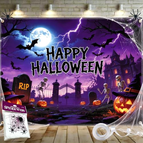 Halloween Backdrop 8x6FT with Ribbon & Spider Web Kit - Large Spooky Wall Decor