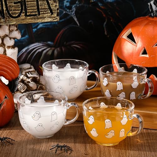 Sliner Halloween Ghost Glass Coffee Mugs Set - 16 oz, Trick-or-Treat Theme