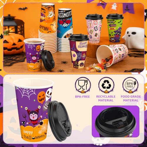 Halloween Disposable Coffee Cups 16oz with Lids - 48 Pack, Spooky Designs
