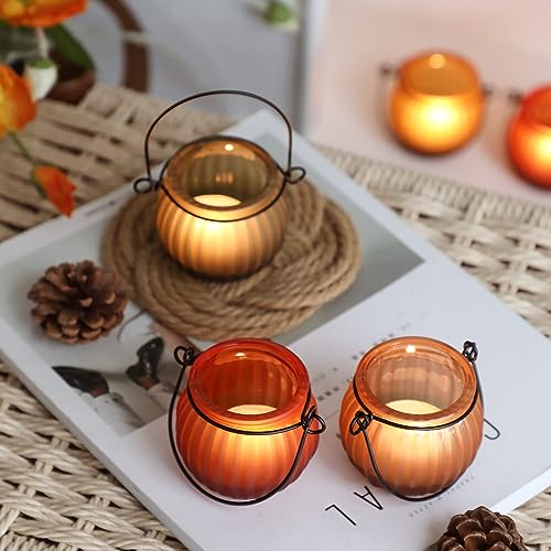 12Pcs Pumpkin Votive Candle Holders Set - Fall Decor, Orange-Red, Yellow, Green, Brown