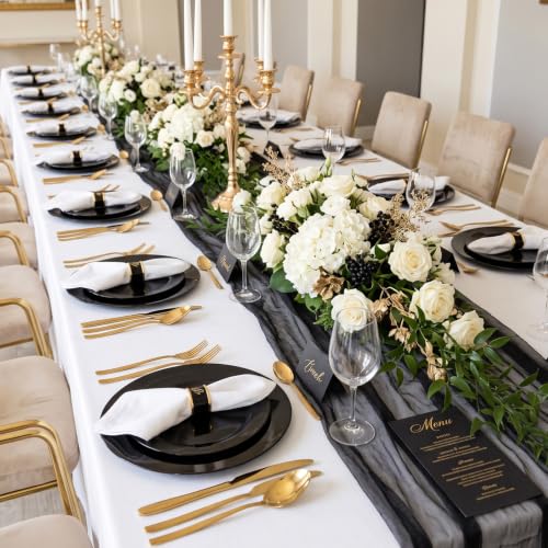 Black Plastic Disposable Plates Set 50 Pack - 25 Dinner & 25 Dessert Plates - Black / 50