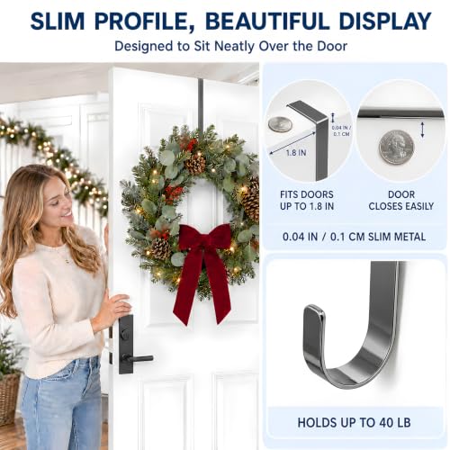 12-Inch Metal Wreath Hanger for Front Door - Over-the-Door Hook, Silver, 2 Pack