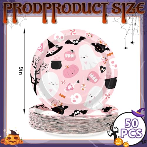 Pink Halloween Paper Plates 50 Pack - 9 Inch Disposable Ghost Party Tableware