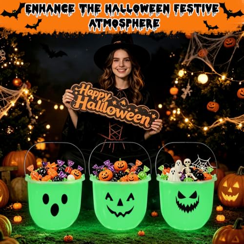 Glow In The Dark Halloween Candy Buckets - 12 Pack with Ghost, Pumpkin & Devil Designs