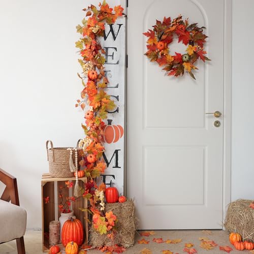 Fall Decor Artificial Maple Leaf Pumpkin Garland - Yellow Pk 6FT Autumn Thanksgiving Halloween