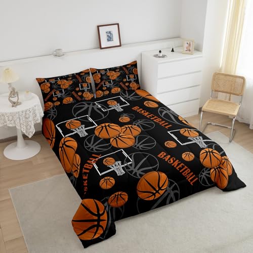 Basketball Pattern Comforter Set Queen Size - Black Orange Kids Bedroom Bedding with Pillowcases