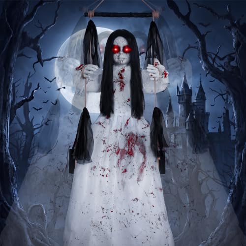 Outdoor Hanging Halloween Decorations with Sound and Fright Features - 4.4FT Swinging Girl