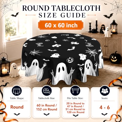Black Spooky Ghost Halloween Round Tablecloth 60 Inch Washable Microfiber