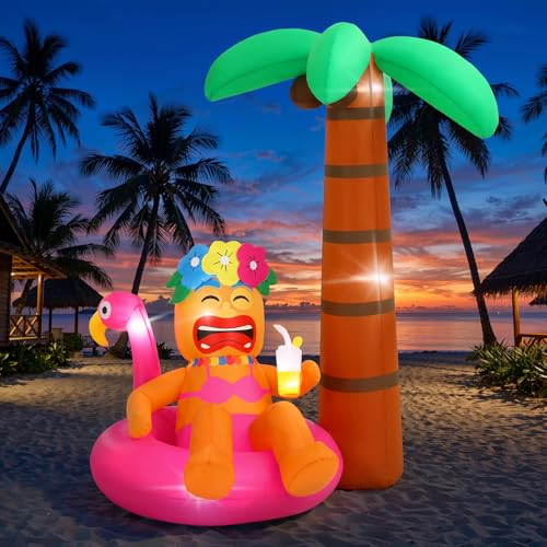 Magenta Inflatable Tiki Luau Decor with Flamingo and Coconut Palms - 6FT Outdoor Party Decoration