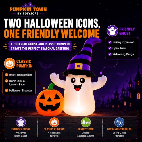 Halloween Inflatable Ghost with Pumpkin Yard Decoration - 5.5FT, LED Lights, Easy Setup - Variation of Ghost Pumpkin