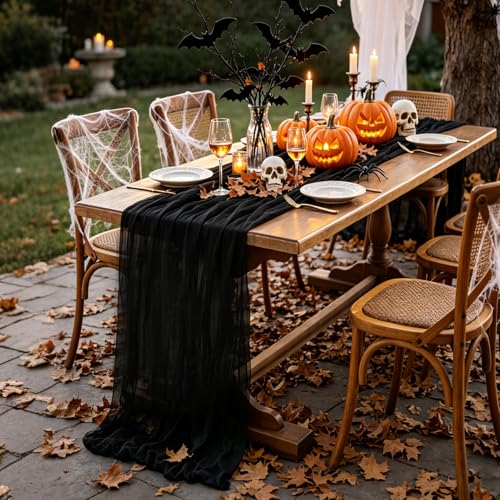 Black Halloween Table Runner 10ft Cheesecloth Boho Party Decor - 6 Pieces