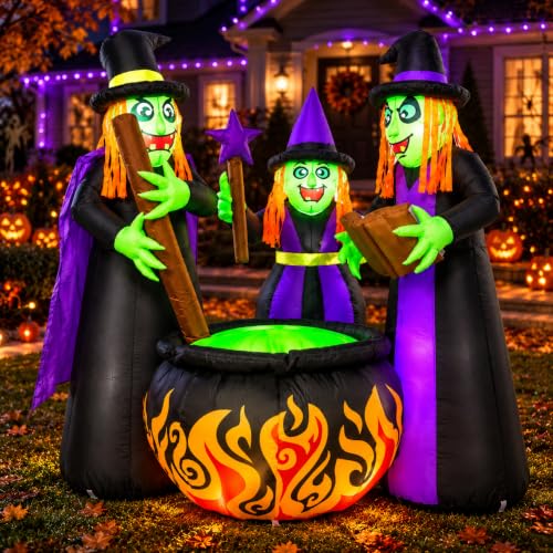 6 FT Halloween Inflatable Witch Scene - Black Witches Around Cauldron with Built-in LED Lights Outdoor Decorations