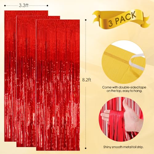 Shiny Red Foil Fringe Curtain Backdrop for Party Photo Booth Decorations - 3 Pack