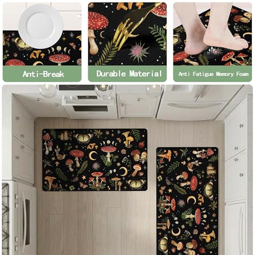 Anti-Fatigue Mushroom Kitchen Mats Set - Black 46x17 & 29x17 Inches with Non-Slip Waterproof Backing